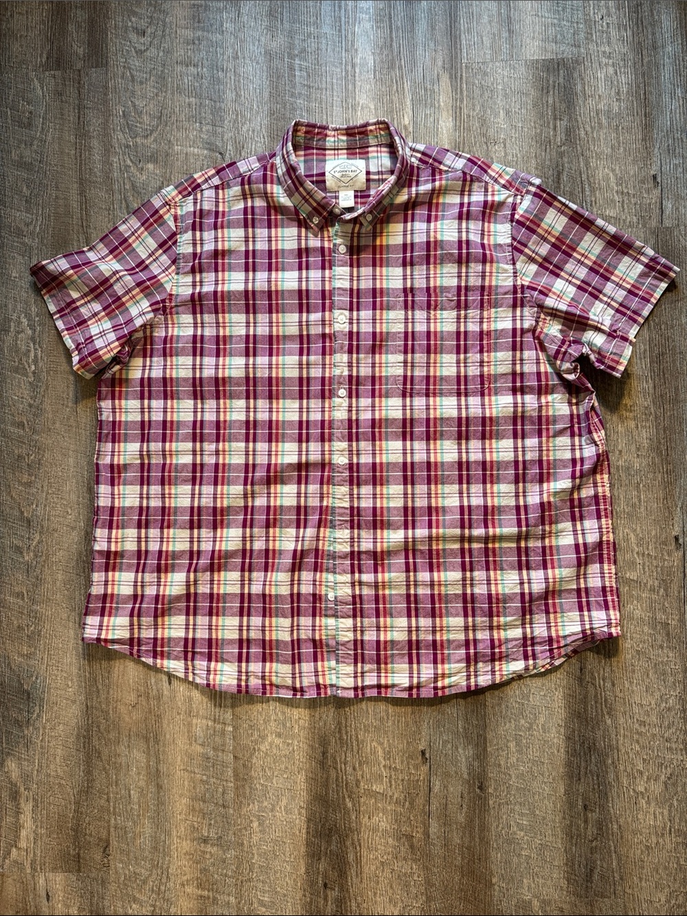 St. John's Bay Short-Sleeve Plaid Button-Down in Burgundy, Cream & Green